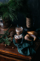 tasty warm cocoa on an ancient dresser. it is decorated by fir-tree branches and a green scarf