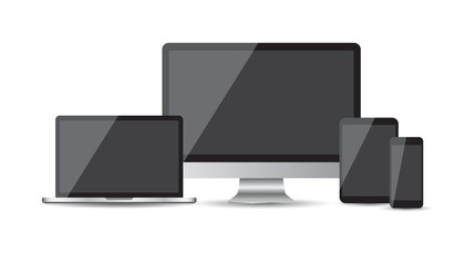 Realistic device flat Icons: smartphone, tablet, laptop and desktop computer. Vector illustration on white background