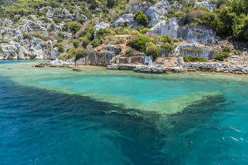 Fototapeta na wymiar Ancient sunk city in Kekova, Kas, Antalya