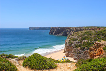 Landscape atlantic  Beliche Beach next to Sagres, Saint Vincent Cape, Algarve, Portugal in blue sky background.