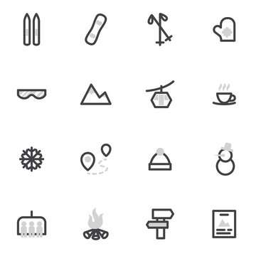 set of vector icons  skiing, snowboarding, winter sports, ski lifts