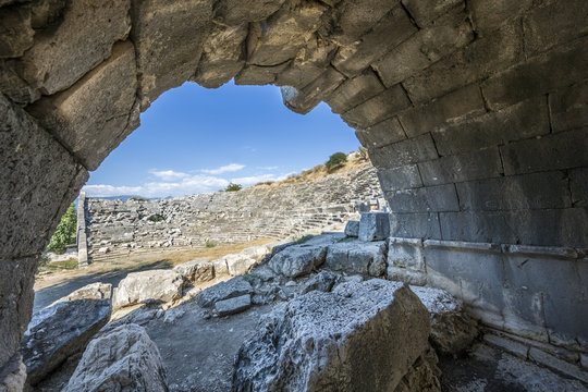 View to amphitheater of Letoon ancient city in Mugla