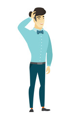 Young asian office worker laughing.