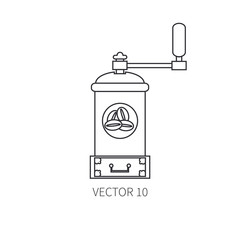 Line flat vector kitchenware icons - coffee mill. Cutlery tools. Cartoon style. Illustration and element for your design. Equipment for food preparation. Kitchen. Household. Cooking. Cook. Grinder.