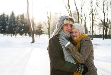 Senior couple in sunny winter nature ice skating, hugging.