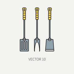 Line color vector kitchenware icons fork, furcula, scapula. Cutlery tools. Cartoon style. Illustration and element for your design. Equipment for food preparation. Kitchen. Household. Cooking. Cook.