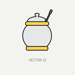 Line flat color vector kitchenware icons - sugar-bowl. Cutlery tools. Cartoon style. Illustration and element for your design. Equipment for food preparation. Kitchen. Household. Cooking. Cook.