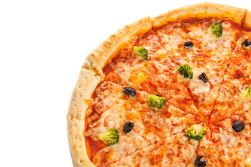 Fragment of delicious italian pizza with seafood, vegetables and cheese