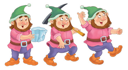 Snow White and seven dwarfs. Fairy tale. Coloring page.  A cute dwarf. Illustration for children