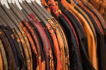 Set of moroccan bright colorful clothes at a market