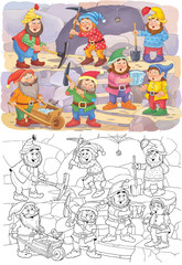 Obraz na płótnie Canvas Snow White and the seven dwarfs. Fairy tale. Coloring page. Illustration for children 