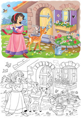 Snow White and the seven dwarfs. Fairy tale. Coloring page. Illustration for children 