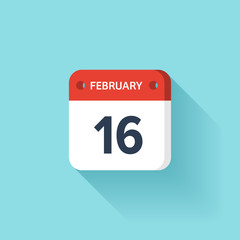 February 16. Isometric Calendar Icon With Shadow.Vector Illustration,Flat Style.Month and Date.Sunday,Monday,Tuesday,Wednesday,Thursday,Friday,Saturday.Week,Weekend,Red Letter Day. Holidays 2017.