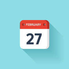 February 27. Isometric Calendar Icon With Shadow.Vector Illustration,Flat Style.Month and Date.Sunday,Monday,Tuesday,Wednesday,Thursday,Friday,Saturday.Week,Weekend,Red Letter Day. Holidays 2017.