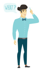Businessman with question what in speech bubble.
