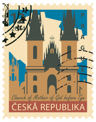 Fototapeta premium stamp with the image of the Church of Mother of God before Tyn in Prague, Czech Republic