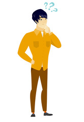 Thinking businessman with question marks.