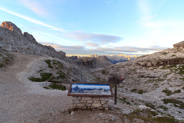 Sign and Sexten Dolomites mountains panorama at sunrise in South Tyrol, Italy