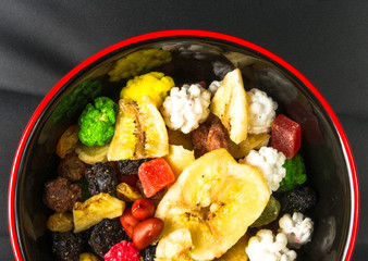 different mixed nuts and raisins