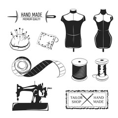 Set of vintage tailor labels, emblems and designed elements. Tailor shop theme