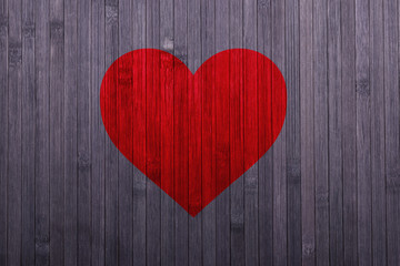 wood texture background, red print of heart shape, valentines day