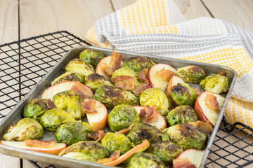 Homemade roasted brussels sprouts with bacon and apple.