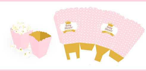Mini popcorn snack box. Baby girl shower party. This boxes for serving your guests pop corn, chips, pretzels, cotton candy or cookies. Pink and gold printable cute design for  Princess's birthday. 