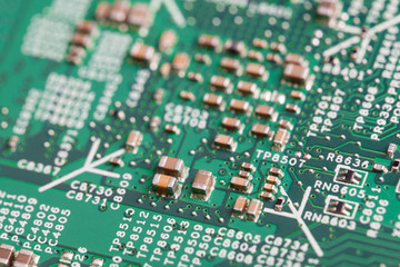 Close up of electronic components on the motherboard, microprocessor chip