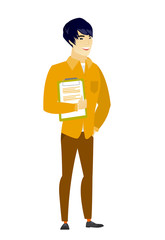 Businessman holding clipboard with papers.