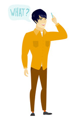 Businessman with question what in speech bubble.