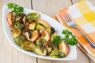 Homemade roasted brussels sprouts with bacon and apple.