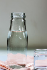 Drinking water in glass and bottle on the floor.