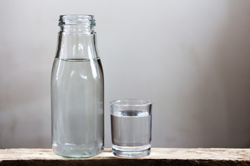 Drinking water in glass and bottle on a wooden floor.