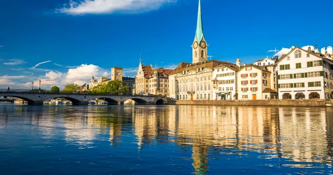 Historic Zurich city with famous Grossmunster Church, Limmat river and Zurich lake, Switzerland