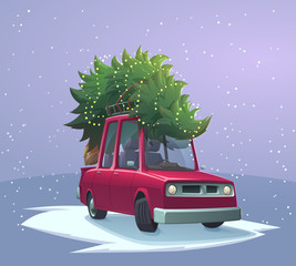 Merry Christmas Holiday card. Cartoon car with christmas tree