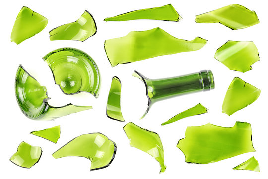 Top view of broken green wine bottle piece isolated on white background