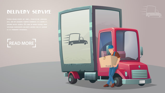 Delivery service. Employee of service delivery in retro truck delivers cargo to destination. Vector illustration