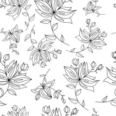 Seamless pattern graphic flowers. Coloring floral illustration. Nature Vector background. Wrapping paper.
