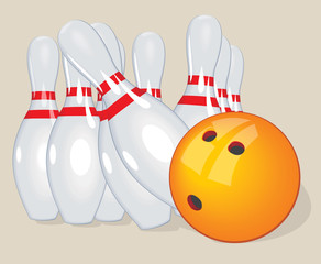 Vector ball. Realistic illustration. Bowling  and pins.