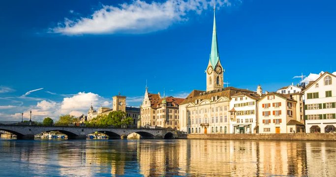 Historic Zurich city with famous Grossmunster Church, Limmat river and Zurich lake, Switzerland