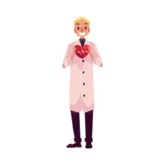 Male cardiac surgeon in lab coat holding heart with pulse shown on it, cartoon vector illustration isolated on white background. Male cardiac surgeon doctor, heart disease specialist, cardiologist