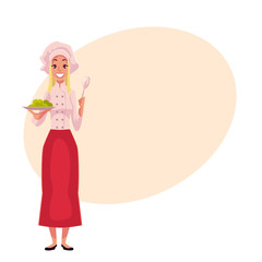 Young and handsome female chef, cook, waitress in white uniform holding a plate, cartoon vector illustration on background with place for text. Full length portrait of restaurant, cafe female cook