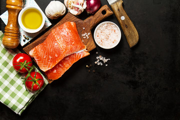 Tasty colorful Food Background with fresh Raw Fish Salmon and Co