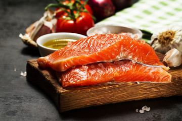 Tasty colorful Food Background with fresh Raw Fish Salmon and Co