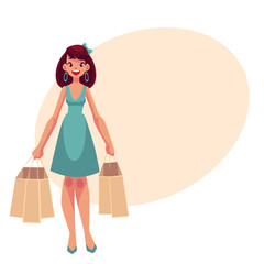 Young beautiful woman with shopping bags, cartoon vector illustration on background with place for text. Full length portrait of young pretty girl, woman doing shopping in the mall
