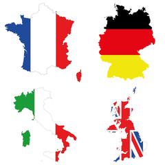 Подробная карта четырех крупнейших величайших государств Европы в виде флагов. Германия, Италия, франция, Великобритания.