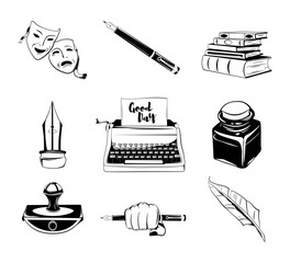 Writer design elements. isolated objects. vintage pen. ink, books vector