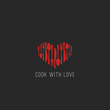 Menu logo restaurant tableware fork, spoon, knife heart shape cafe emblem, cookbook cover background mockup