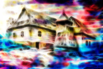 idylic willage houses with wooden belfry, pencil drawing on paper with color fractal effect.