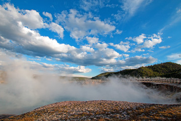 Excelsior Geyser in the Midway Geyser Basin next to the Firehole River in Yellowstone National Park in Wyoming US of A